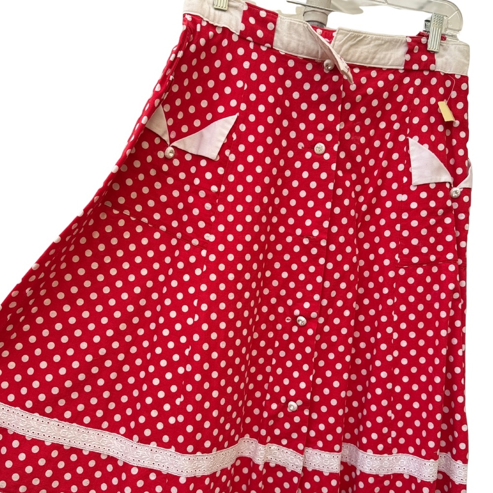 vintage red and white polka dot A-line skirt with white trim
